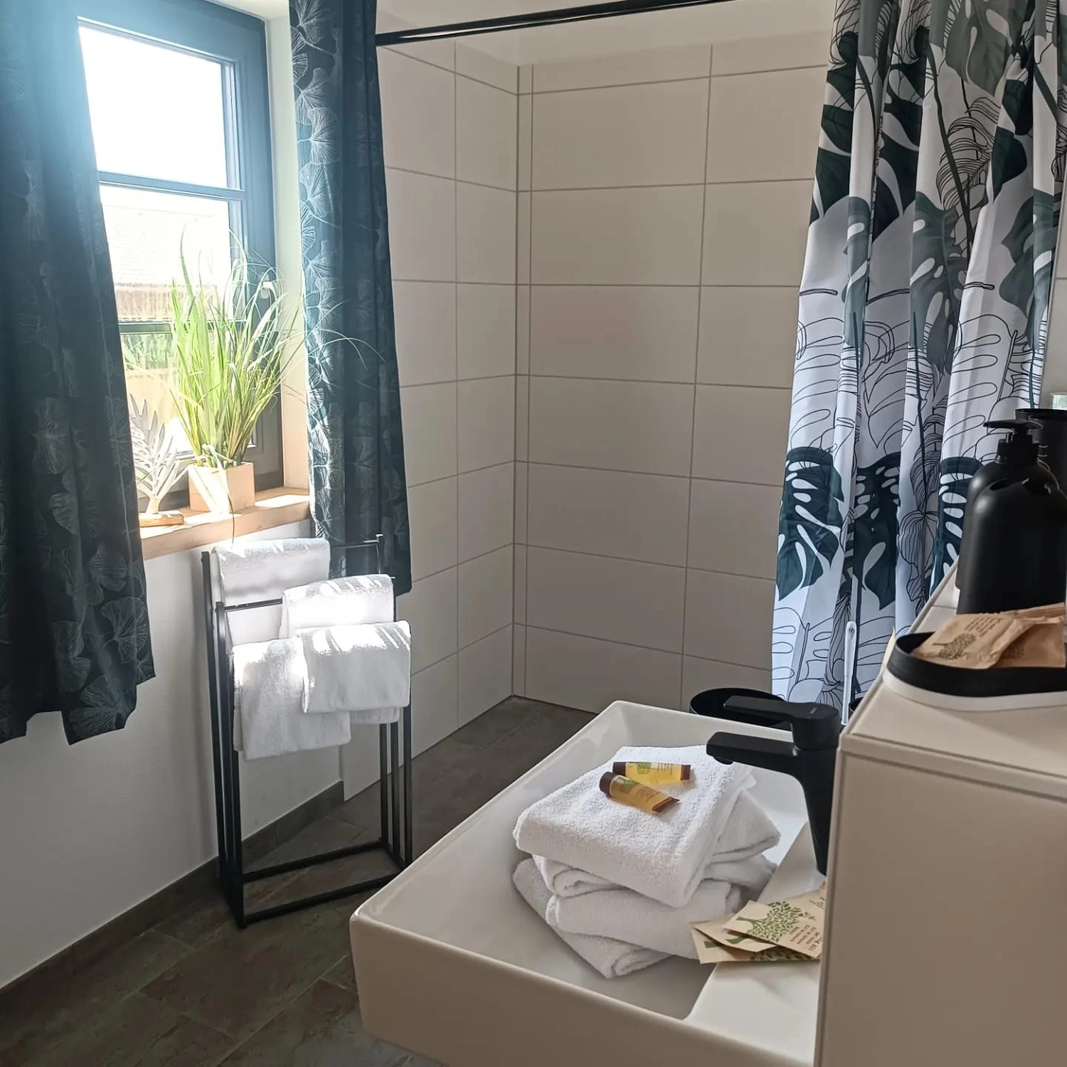 Ferienwohnung Delux - Badezimmer mit Dusche und Handtuchhalter